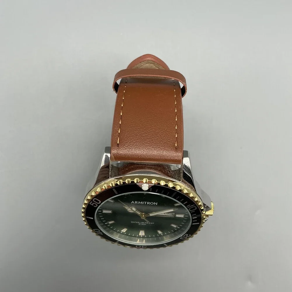 Armitron 20/5483TT Mens Watch 42mm Green Dial Brown Leather Day Date New Battery